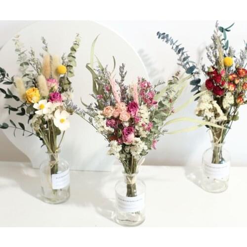 Naturally Dried Flowers Bouquet With Vase Forget-Me-Not Rose Daisy Sunflower Birthday Christmas Gift Bag Photo Props Home Decor