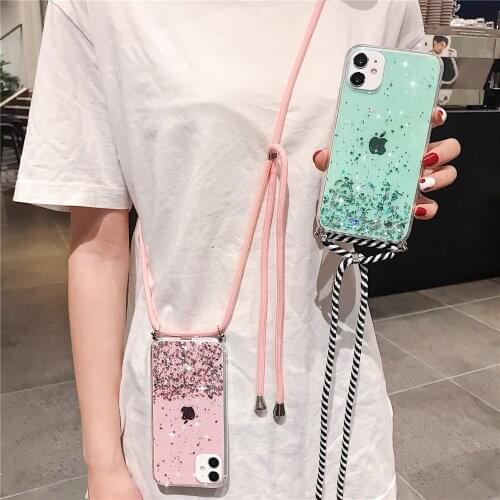 Sparkle Glitter Phone Case For iPhone 11 Pro XS Max XR X 6 6S 7 8 Plus SE 2020 5 5S Case Necklace Lanyard Soft Cover Funda Coque