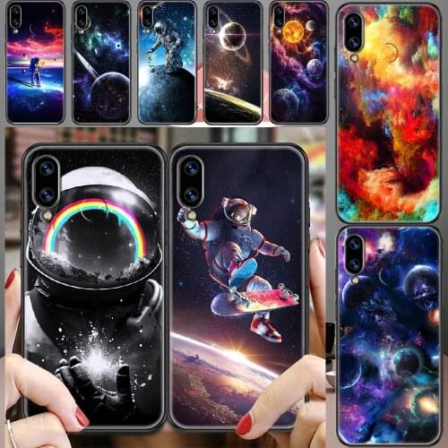 Astronaut Moon Space Starry sky Phone case For Huawei Honor 6 7 8 9 10 10i 20 A C X Lite Pro Play black painting bumper soft