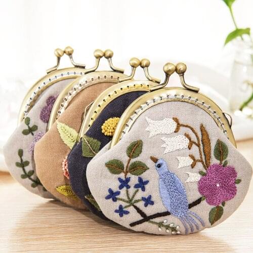 Flower Flamingo Unfinished Embroidery Kit DIY Wallet Embroidered Sewing Cross Stitch Set Arch Metal Coin Purse Bag Frame