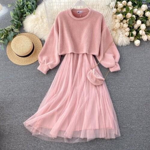 FMFSSOM Spring Autumn Knitted Warm Long Sleeve Elegant Chiffon Women Lady Female Long Maxi Dress Casual Robe 2021