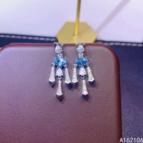 Fine Jewelry 925 Pure Silver Chinese Style Natural Swiss Blue Topaz Girl Luxury Popular Oval Gem Earrings Eardrop Support Detect
