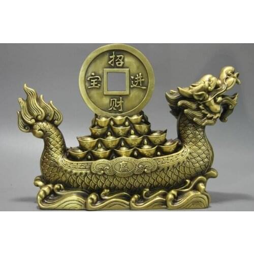 CHINA BRASS COPPER FENGSHUI BRING WEALTH TREASURE LUCKY DRAGON BOAT SHIP STATUE