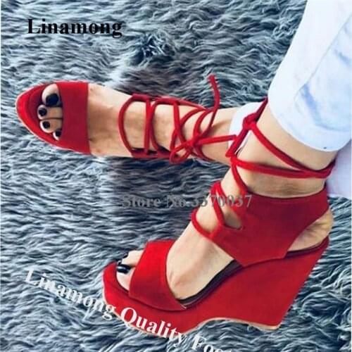 Linamong Summer Fashion Women Open Toe Suede Leather High Platform Wedge Sandals Red Black Strap Cross Lace-up Wedges Dress Heel
