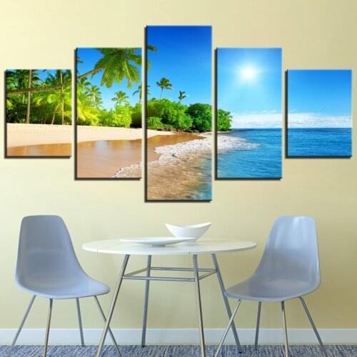 Marco para sala de estar Arte de la pared Decoración 5 piezas palmeras de agua de mar sol paisaje marino pinturas modulares lien