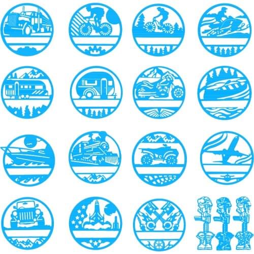 Metal Cutting Dies Set Steam Train Airplane Car Bicycle Motorcycle Adventurer Trip Circle Silhouettes DIY Craft 2021 New