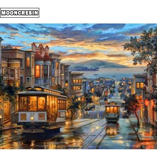 Diy Full Square Diamond Embroidery Mosaic Landscape European Bus Christmas Gift Rhinestone Diamond Painting Kit Home Decoration