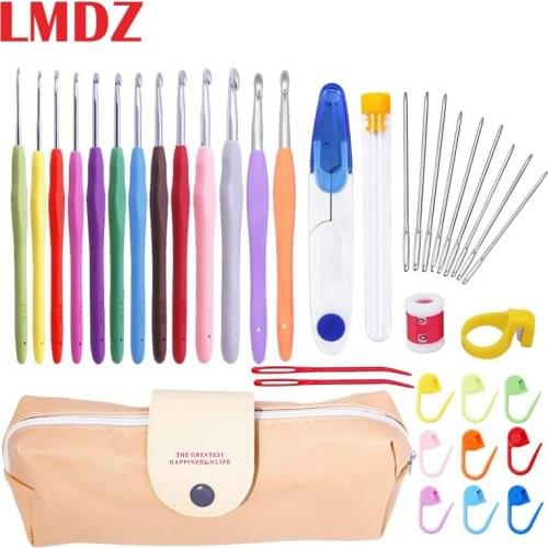 LMDZ 38 Pcs Crochet Hooks Set Soft Grip Crochet Handles Large-Eye Blunt Knitting Needles Kit Extra Long Knitting Needles