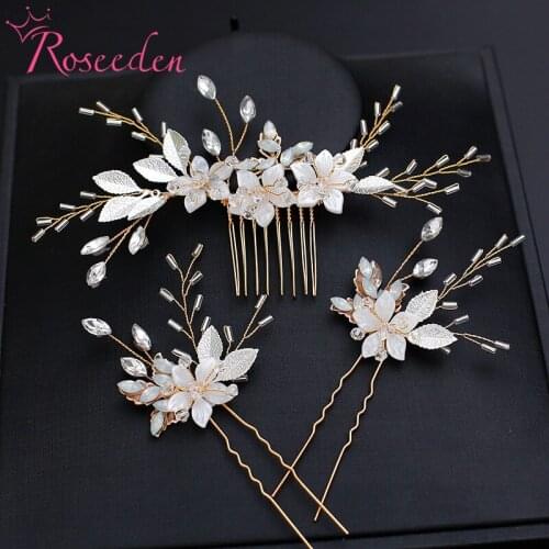 Opal Crystal Hair Comb Pin Gold Hairpin Flower Leaf Headpiece Headdress Bride Wedding Hair Jewelry Accessories RE4015