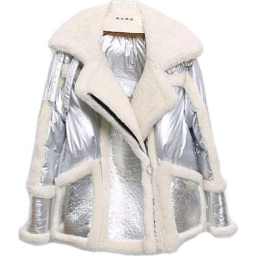 PERHAPS U Women Black Pink Silver Cotton Glossy Patchwork Lambswool Teddy Coat Turn Down Collar Zipper Pocket Coat Winter C0423