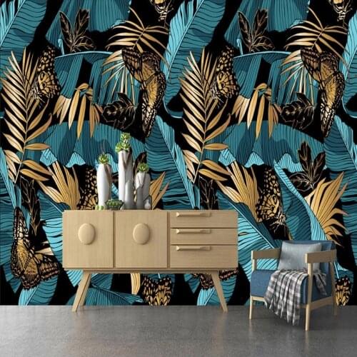 Custom 3D Photo Wallpaper Abstract Blue Gold Tropical Plant Banana Leaf Mural Wall Art Wallpaper For Bedroom Living Room Walls