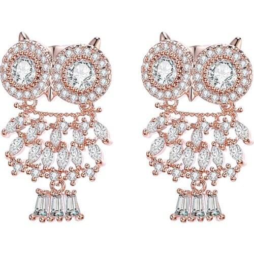 Luxury Owl Stud Earrings For Women Sliver Rose Gold Color Cute Charm Crystal Earring Fashion Jewelry Valentines Day Gifts