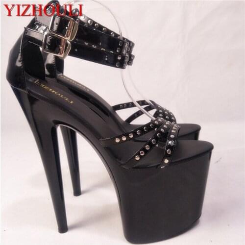 Classic Black 20cm Open Toe Sandals Super High Heel Platform Pole Dance shoes Gorgeous punk 8 inch sexy rivet cover heel sandals