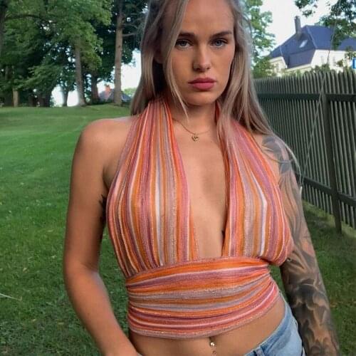 ArtSu Striped Halter Top Women Summer Sexy Sleeveless Hollow Out Camisole Club Streetwear Beach Backless Crop Tank Top VE52906