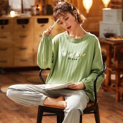 Spring Leaves Printed Womens Pajama Set Cotton 2021 Plus Size Two-piece Set Simple Long Sleeve Home Clothes Female Sleepwear