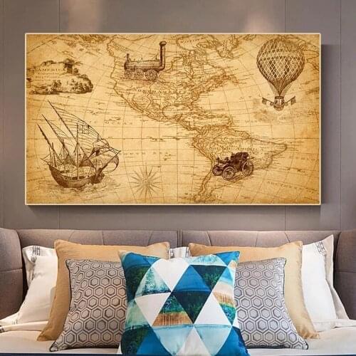 Vintage Nautical Map Poster Retro World Map Picture Earth Wall Art Map of The World Canvas Printed Painting Office Home Decor