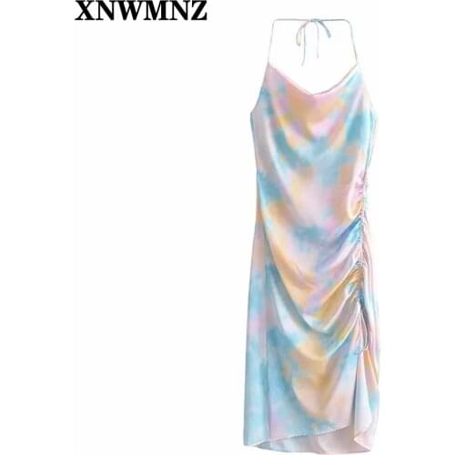 XNWMNZ Za Women Tie Dye slit Long Summer Dress Sleeveless Ruched Drawstring Sexy Club Dresses Asymmetry Backless camisole Dress