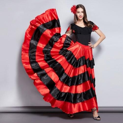 Adult Kids Gypsy Girls Women Spanish Flamenco Skirt Striped Satin Silk Big Swing Belly Dancing Red Skirt Team Performance