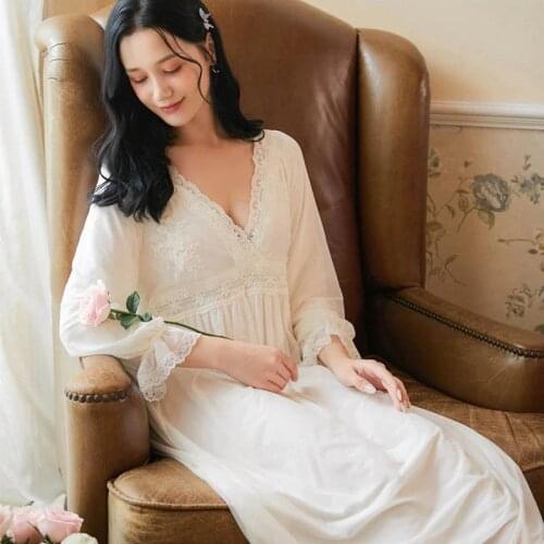 Women White Sexy Sleepwear Night Dress Long Lace V Neck Female Nightwear Homewear Nightgown Court