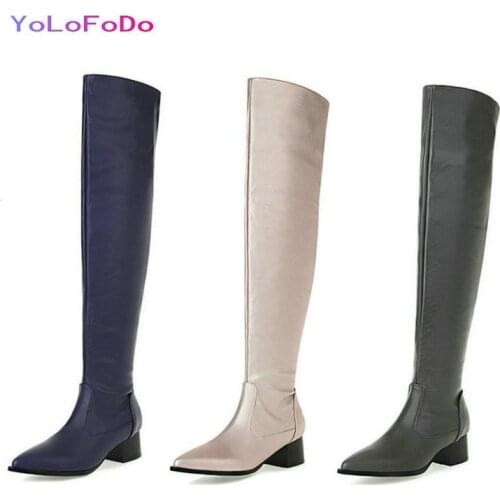 2021 Autumn Winter Over the Knee Boots Low Square Heel Thigh Boots Side Zipper Pointed Toe Women High Quality Boots Big Size 45