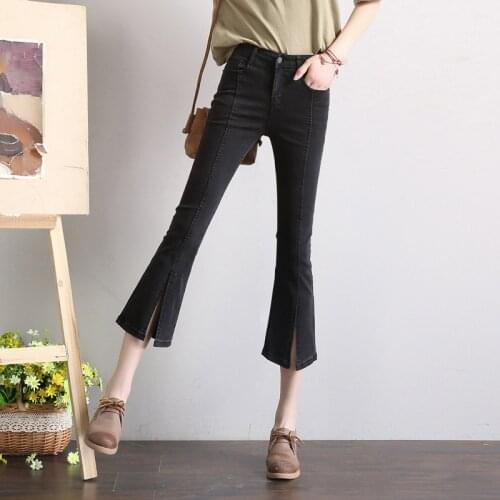 KL1279 Fashion skinny ladies flare pants black vent high waist trousers women ankle length denim jeans
