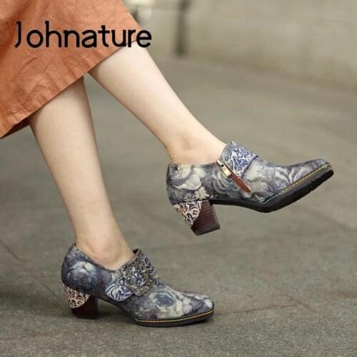 Johnature Pumps Women Shoes Print Fabric High Heels Retro 2021 New Spring/Autumn Round Toe Zip Sewing Concise Ladies Shoes