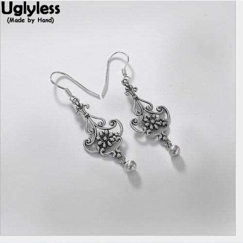 Uglyless Vintage Ethnic 100% Solid 925 Silver Flower Earrings for Women Handmade Exotic Fine Jewelry Thai Silver Ball Earrings