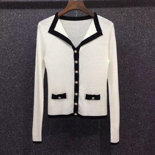 2021 Autumn Fashion Sweater Cardigans High Quality Women V-Neck Color Block Knitted Pocket Deco Long Sleeve Grey Black Tops