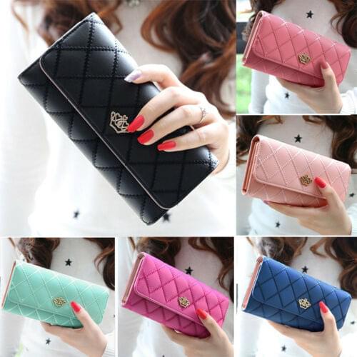 Women Lady Clutch Leather Bags Diamond Crown Trifold Wallet Long Card Holder Phone Bag Case Purse Handbag