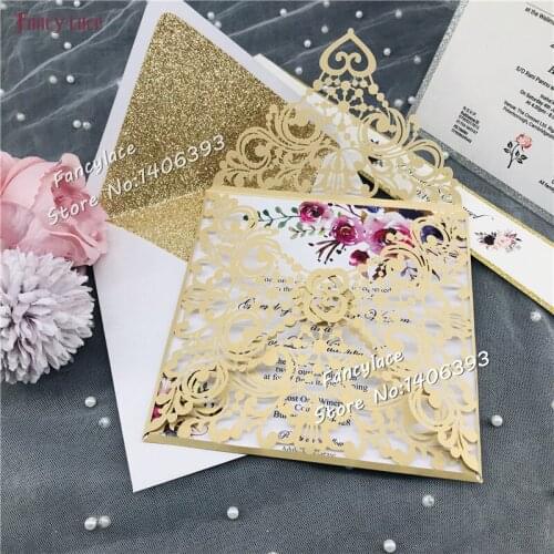 50pcs 2019 New Laser Cut Lace Wedding Invitations Cards with glitter envelopes, customized Elegent Wedding Invitation RSVP Card