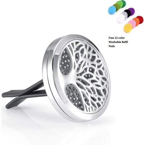 30mm Car Aromatherapy Essential Oil Diffuser Stainless Steel Tree Locket Air Freshener with Vent Clip 12 Felt Pads