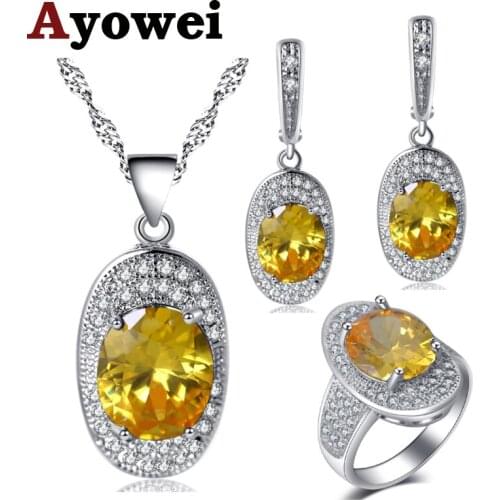 Ayowei For bestfriend yellow Zircon Silver ingot Earrings Necklace pendant Ring Jewelry Sets size #6#7#8#9#10 JS711A