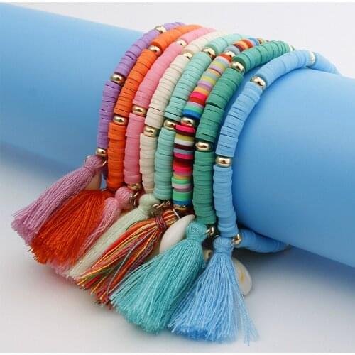 Boho Rainbow Polymer Clay Bracelet Women Trendy Tassel Pearls For Bracelets Jewelry Friendship Couple Love Bracelet 2021 New