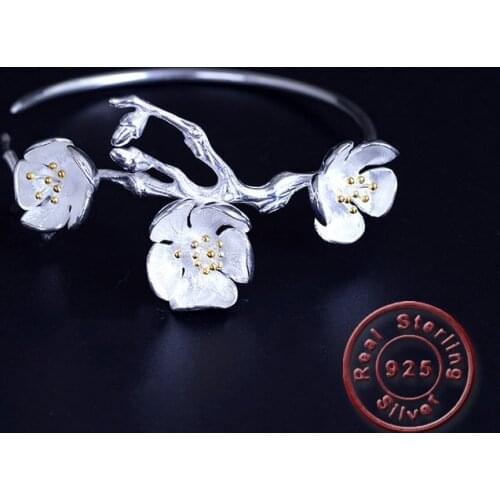 Amxiu Handmade 925 Sterling Silver Bracelet Bangle Three Plum Flower Bangles For Women Girls Accessories Students Daily Jewelry
