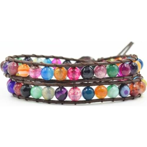 Retro Vintage Multi Color Rainbow Agates Stone Wrap Bracelets Wholesale Handmade Braided Stone Bohemia Bracelets Jewelry Womens