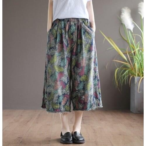 Chinese Style Jeans Woman 2020 Vintage Wide Leg Pants Floral Print Mom Jeans High Waist Denim Bottom Chinese Pants Capri 10427