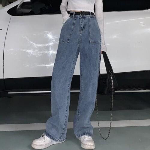 Distressed Blue Jeans for Women Korean Fashion Casual Clothing Teenage Girls Straight Leg Denim Pants Baggy Boyfriend Streetwear
