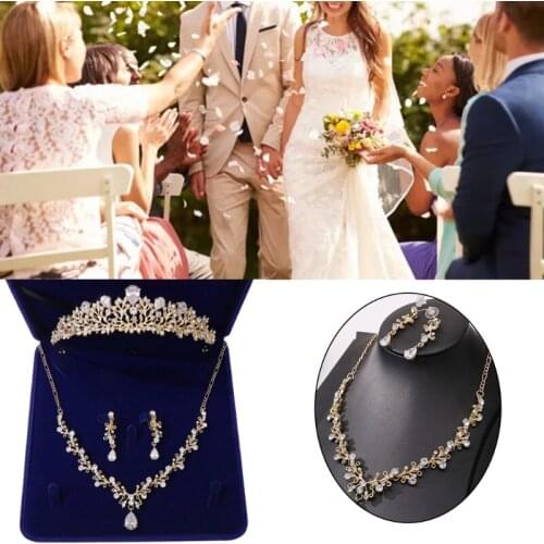 E56A Wedding Bridal Crystal Cluster Zircon Necklace Dangle Earrings Crown Tiara Jewelry Set with Gift Box (Silver/Gold)