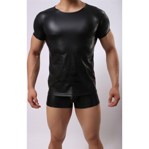 Men Sexy PU Leather T-shirt Skinny Slim Fit Top Body Shape Tight Tees Elastic Latex Shirt Men Fetish Leather Casual T shirt