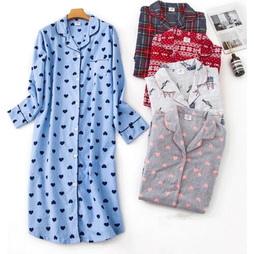Cotton Print Flannel Womens Cardigan Sleepwear Spring Autumn Single Breasted Cartoon Woman Nightdress Loose Household Clothes