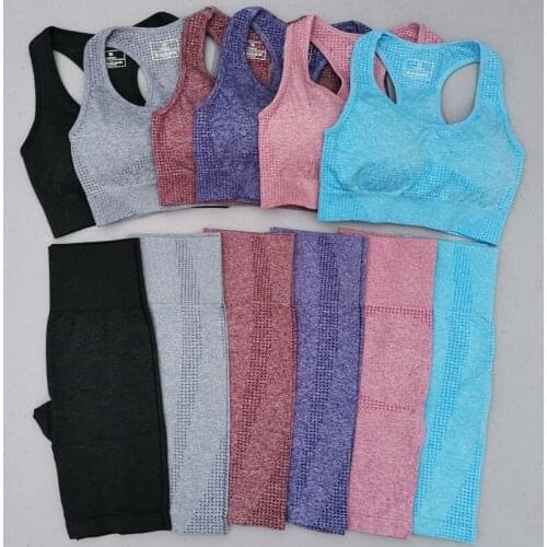 2 Piece Seamless Yoga Sets Women Gym Clothes Running Sportswear High Waist Shorts+Padded Push-up Sports Bra Sports Suit