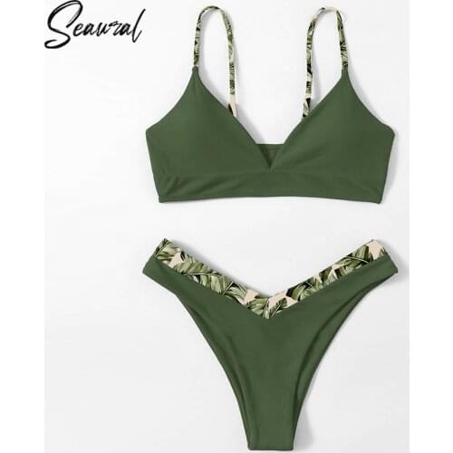 2021 New Sexy Low Waist Bikini Set Swimwear Women Solid And Leopard Floral Thong Brazil Swimsuit Female Bathing Suit biquini