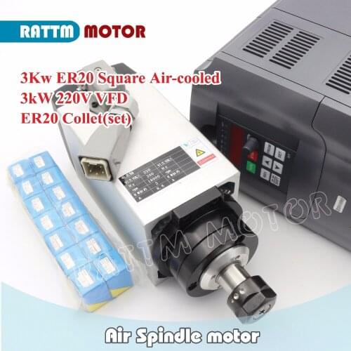 Square 3KW ER20 Air Cooled Spindle motor 4 Bearings & 3kw VFD Inverter Drive 220V for CNC Router Engraving Milling Machine