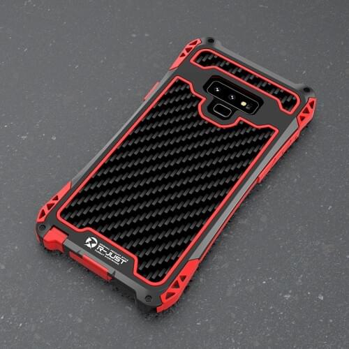R-Just Metal Case For Galaxy S9 Water-resistant Case For Galaxy S10 S9 S8 Plus Note 9 8 Aluminum Shockproof Carbon fiber Case