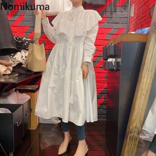 Nomikuma Sweet Lace Ruffle Patchwork Women Dress Korean Stand Neck Long Sleeve Vestidos Femme 2021 Spring A-line Dreses 6E433