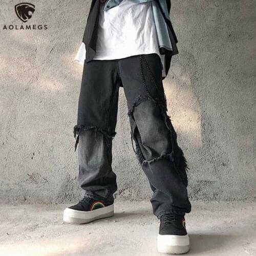 Aolamegs Mens Jeans Hip Hop Hole Baggy Jeans Men Distressed False Two Denim Pants Couple Fashion Vintage High Street Streetwear