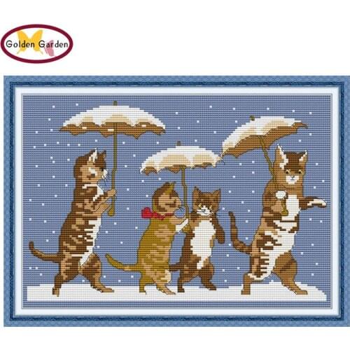 GG Kitten with Umbrella Joy Sunday Cross Stitch Embroidery Needlework Kit 11CT14CT Cotton Canvas Cross Stitch Set for Home Decor