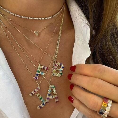 2020 New Arrived CZ A Letter Alphabet Pendant Gold Color Multi Color Cz Colorful J A Rainbow Necklaces For Women
