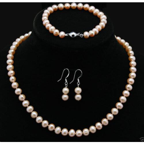 Natural 7-8mm Pink Akoya Cultured Pearl Necklace Bracelet Earrings Jewelry Set