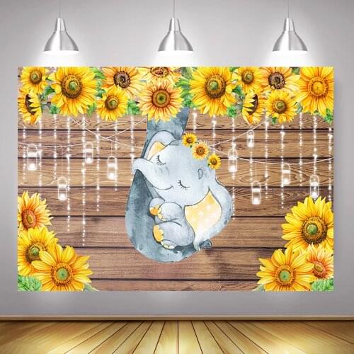 Sunflowers Baby Shower Photography Backdrop Newborn Elephant Birthday Photo Background Brown Sunflower Rustic Wood Photocall